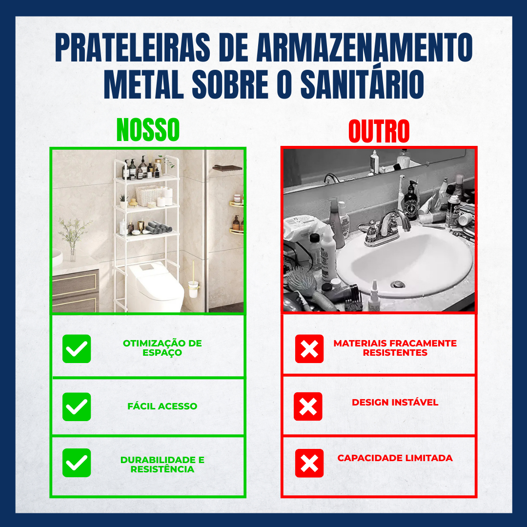 Prateleira de metal para arrumação por cima da sanita